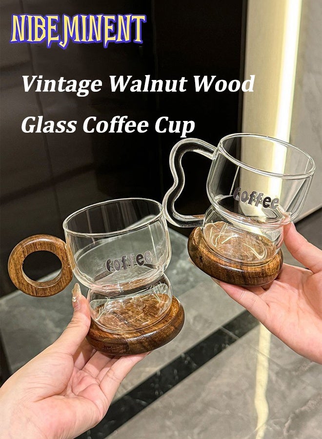 NIBEMINENT كوب قهوة زجاجي 1 قطعة مع مقبض خشب الجوز saucer، كوب قهوة شفاف عتيق وكوب ماء، كوب أنيق للمكتب، مثالي لشرب الماء، القهوة، العصير، أو المشروبات الباردة في المنزل، 260 مل - Image 2